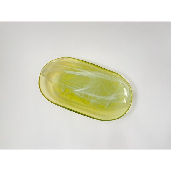 Lemon Lime Swirly Patterned Art Glass Oval Shaped Vintage Decorative Plate - Picture 2 of 13